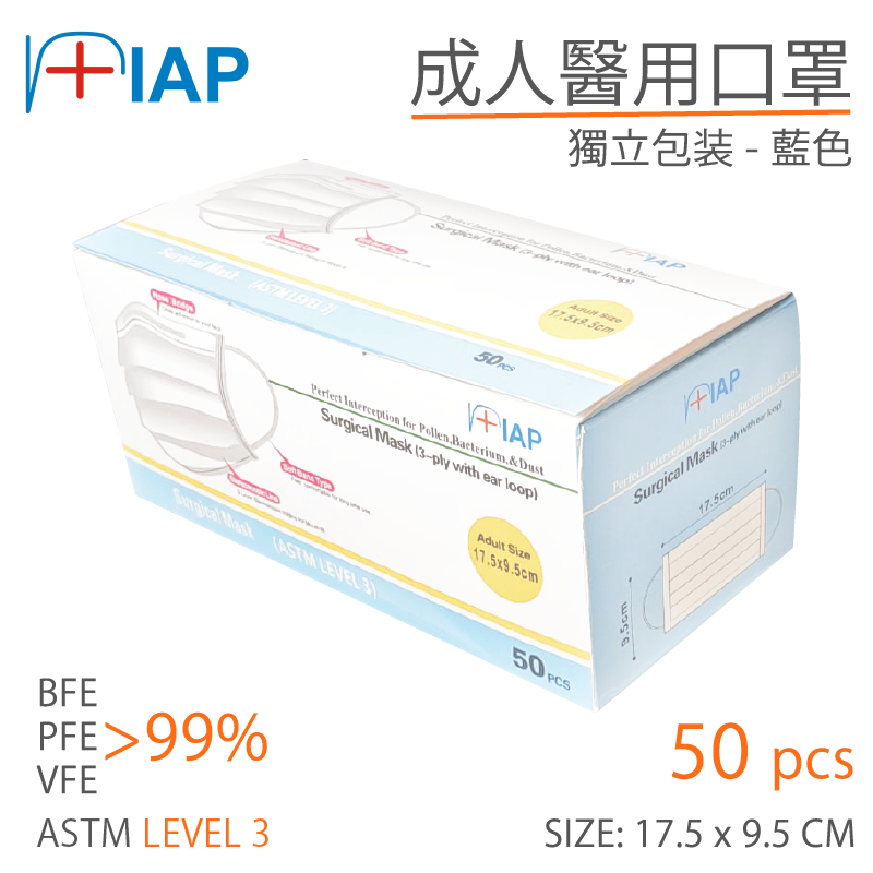 FC016ib IAP 成人口罩 (藍色) 獨立包裝(50片) ASTM Level 3 (BFE, PFE, VFE  > 99%) 香港醫院管理局 專用款式