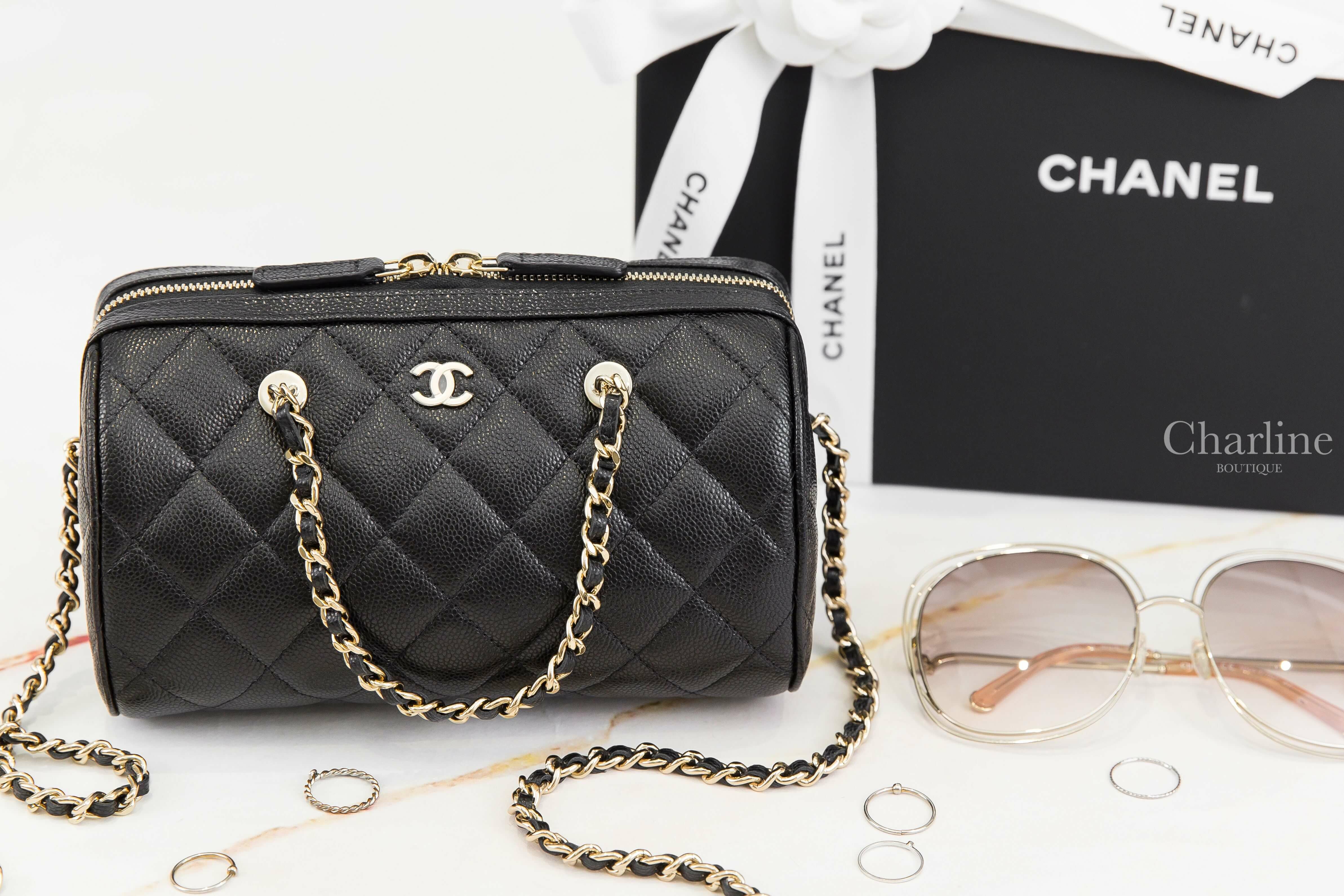 Chanel Bag 黑色金CC金鍊酒紅內裡荔枝菱格紋圓筒手提肩背包