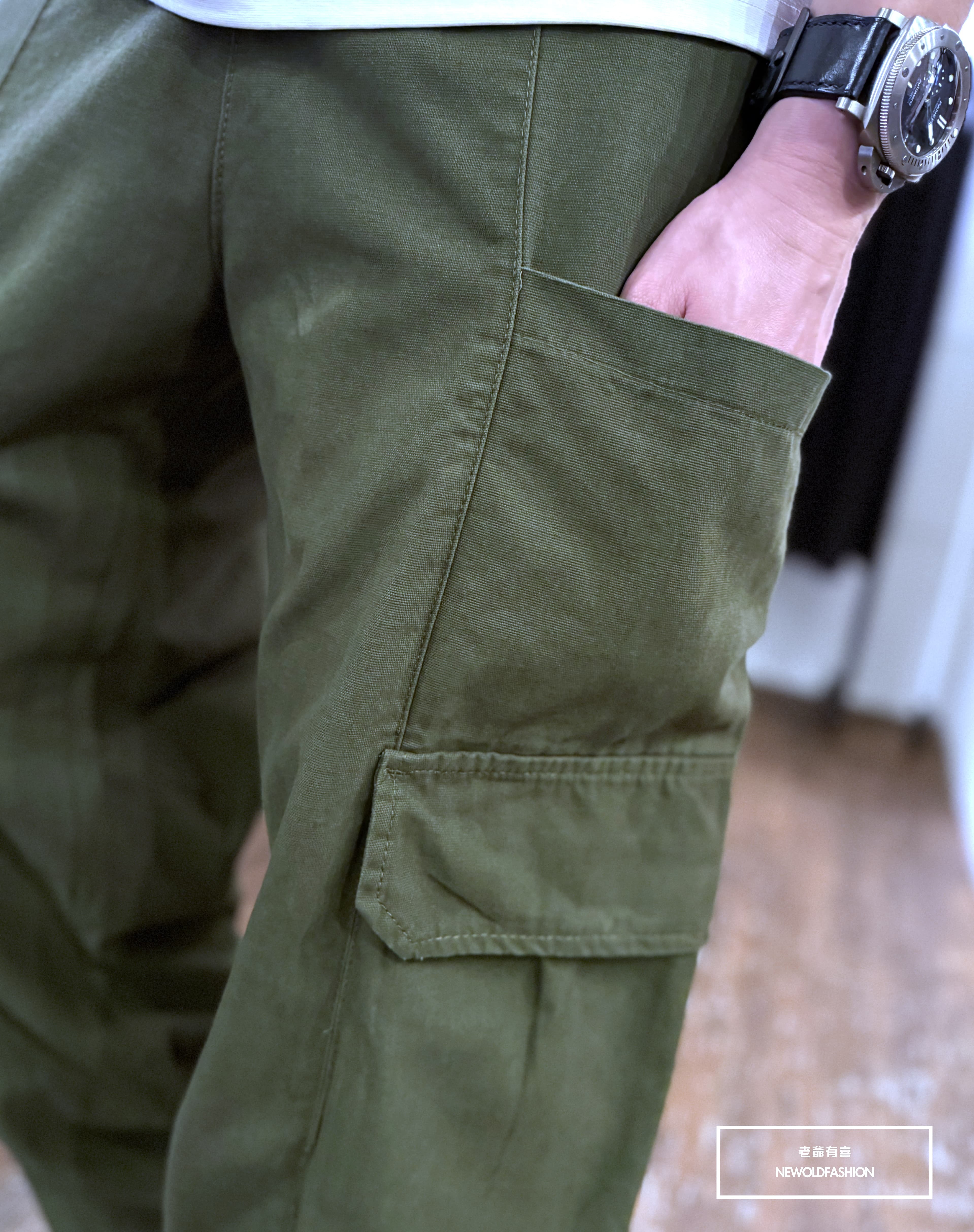 『新品上市』重磅拼接長型側口袋工裝寬褲-軍綠(NOF25023007)