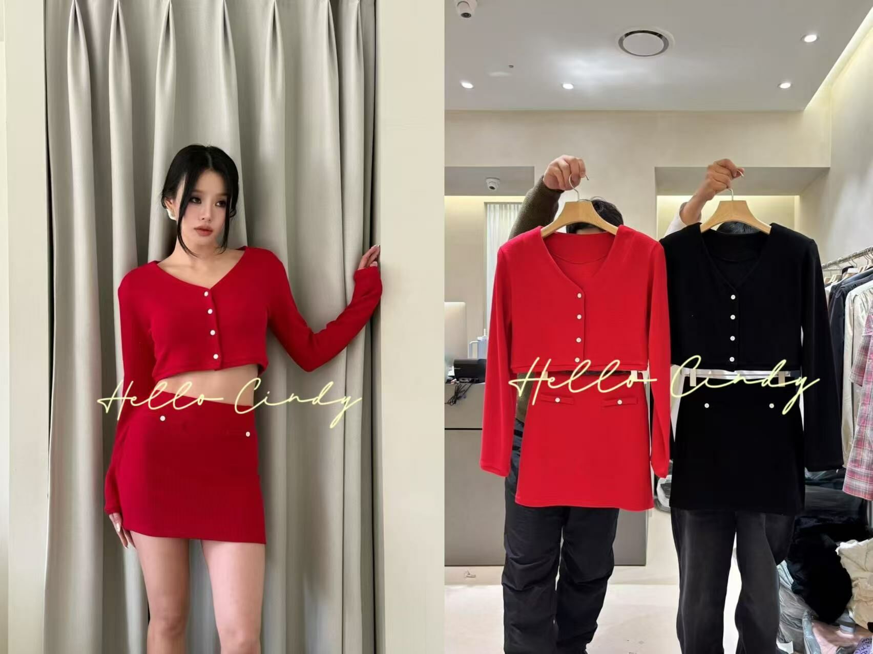 N03004 現貨-正韓設計品牌V領針織上衣+針織短裙 兩件組