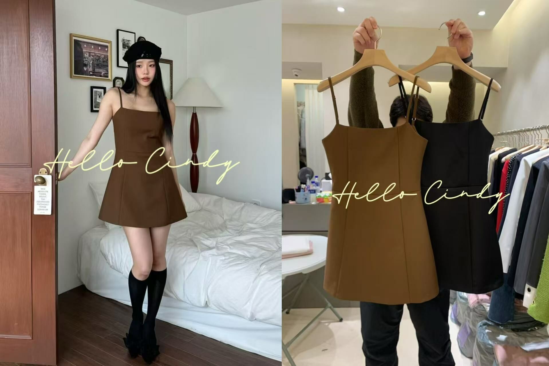 N03005 現貨-正韓設計師品牌甜美細肩顯瘦車線設計短洋裝