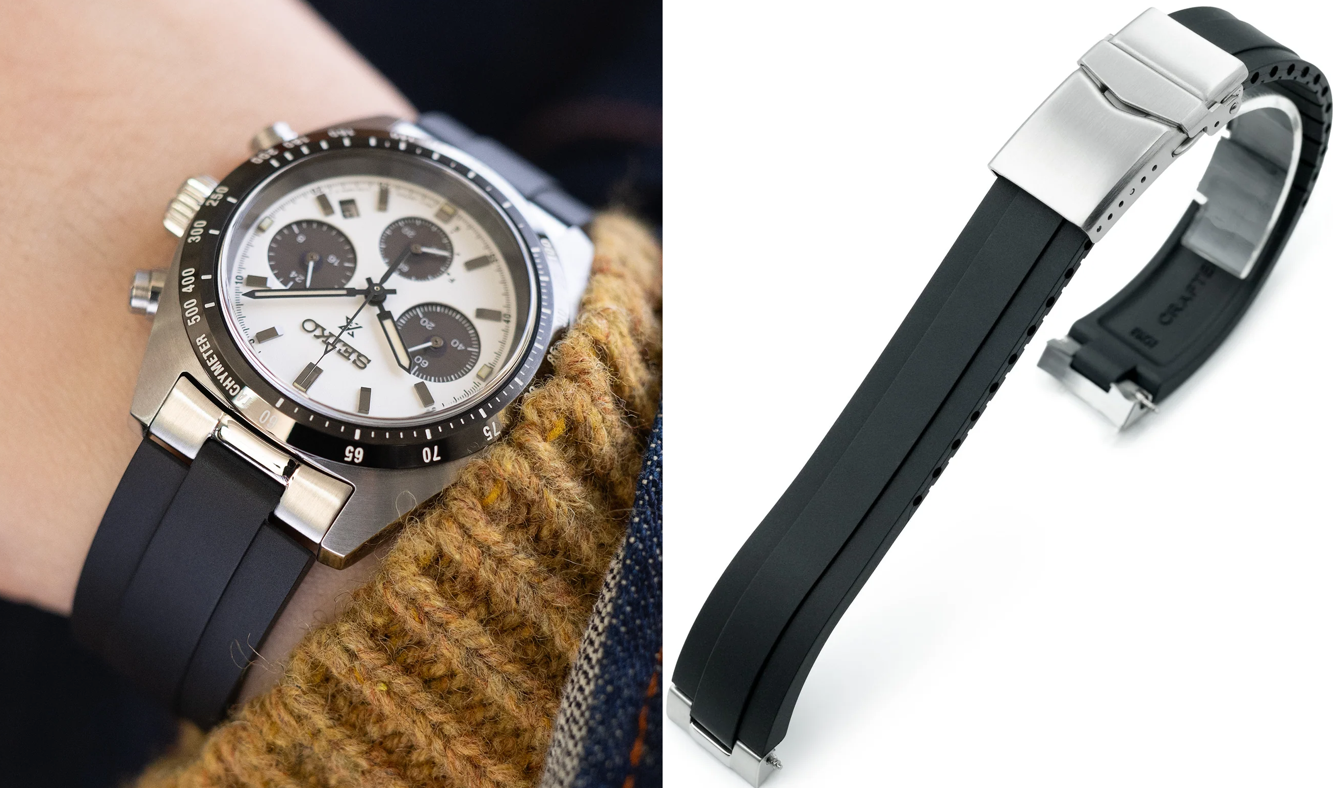 萬年鐘錶 - 太空人錶帶 Seiko 精工 Speedtimer 專用錶帶 20MM 黑色FKM橡膠嵌入式鋼彎錶耳錶帶