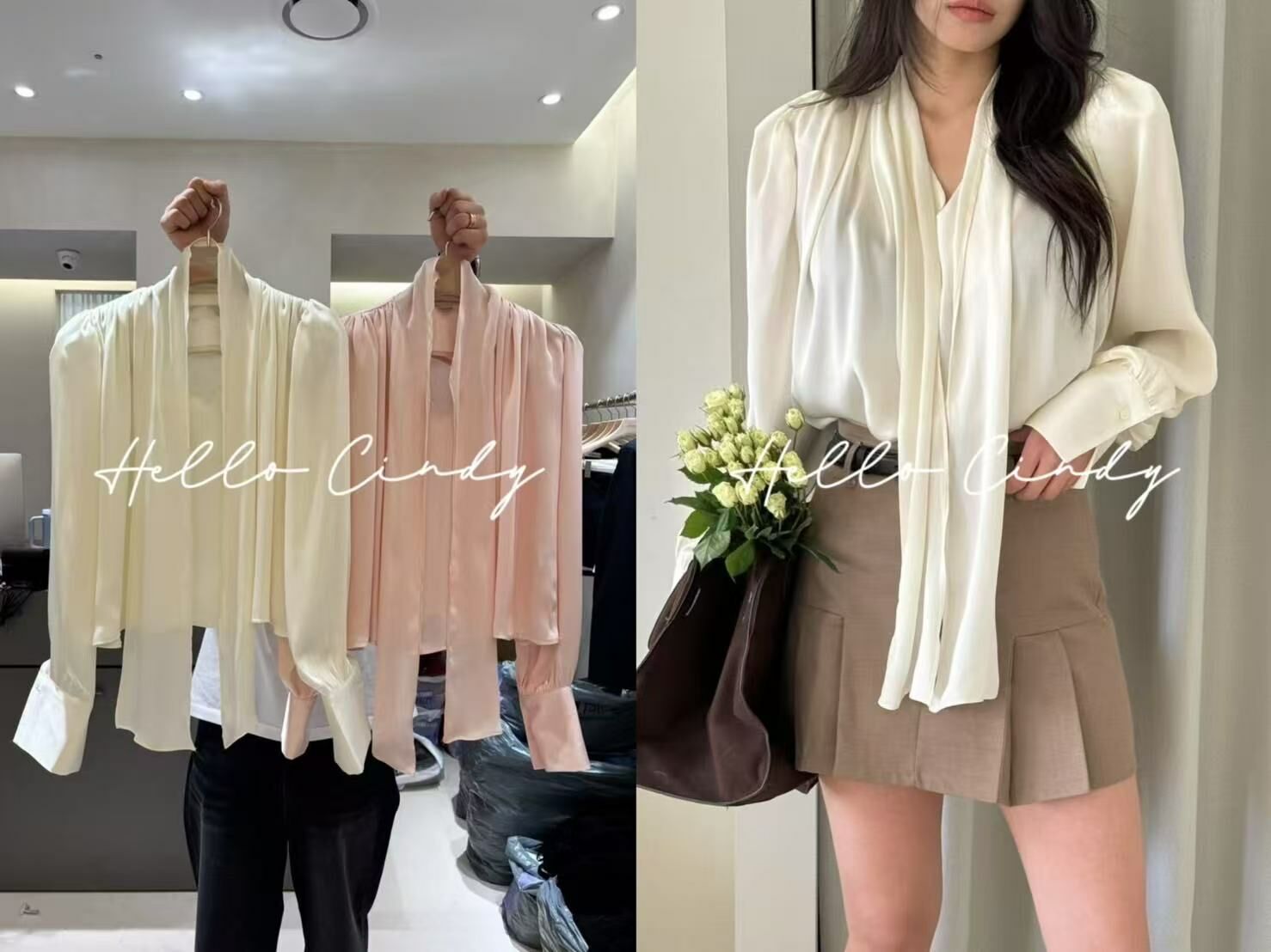 N03008 現貨-正韓設計師品牌知性高級緞面感綁帶上衣