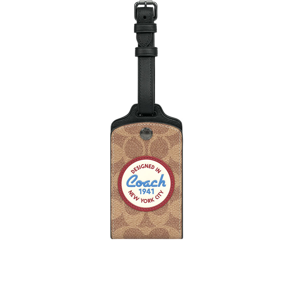 【COACH】1941 圓形標誌滿版塗層帆布及牛皮行李吊牌(棕褐色)CY897 QBTAM