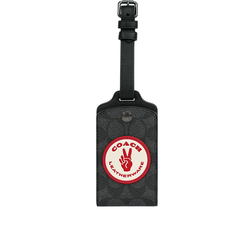 【COACH】手勢圓形標誌滿版塗層帆布及牛皮行李吊牌(炭灰色)
