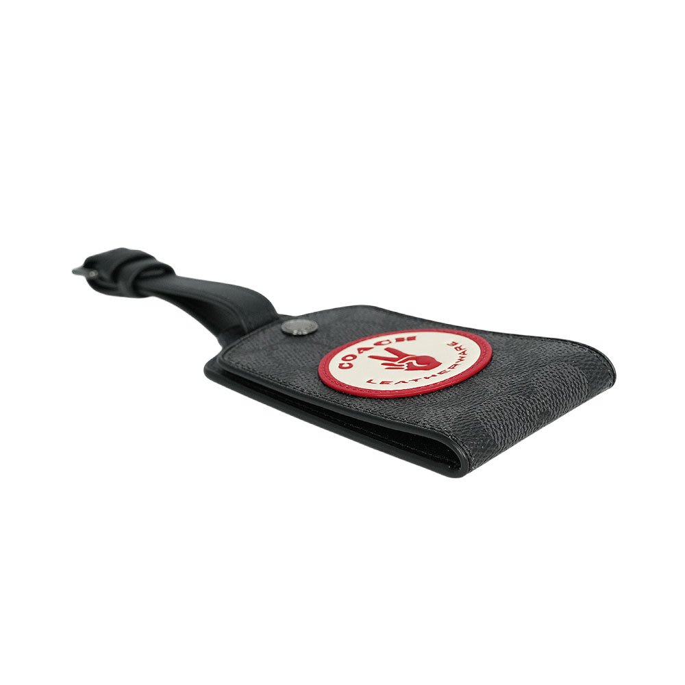 【COACH】手勢圓形標誌滿版塗層帆布及牛皮行李吊牌(炭灰色)CY898 QBA5F