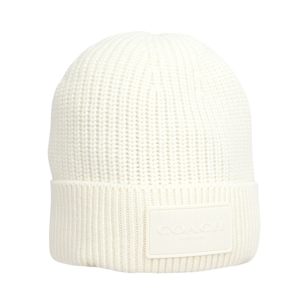 【COACH】方形經典馬車標牌針織羊毛毛帽(白色)