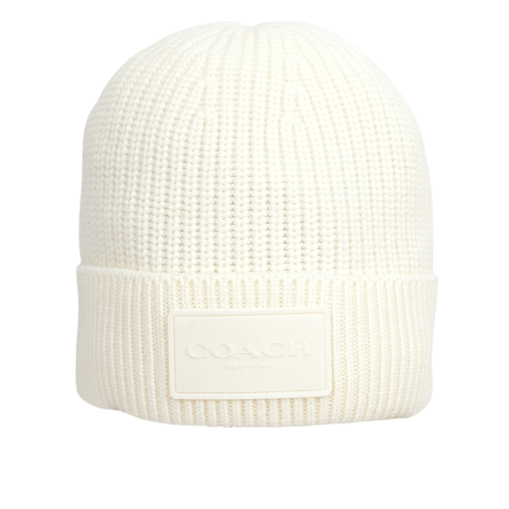 【COACH】方形經典馬車標牌針織羊毛毛帽(白色)