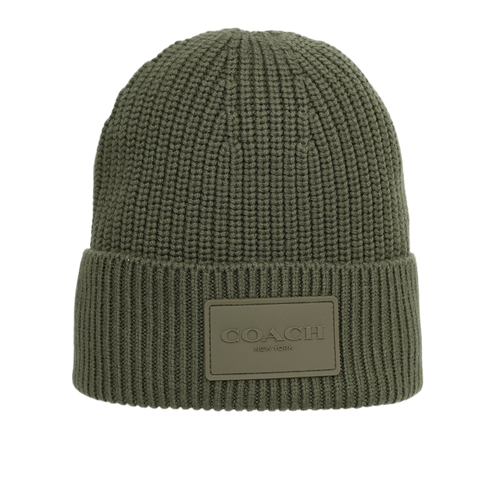 【COACH】方形經典馬車標牌針織羊毛毛帽(橄欖綠)