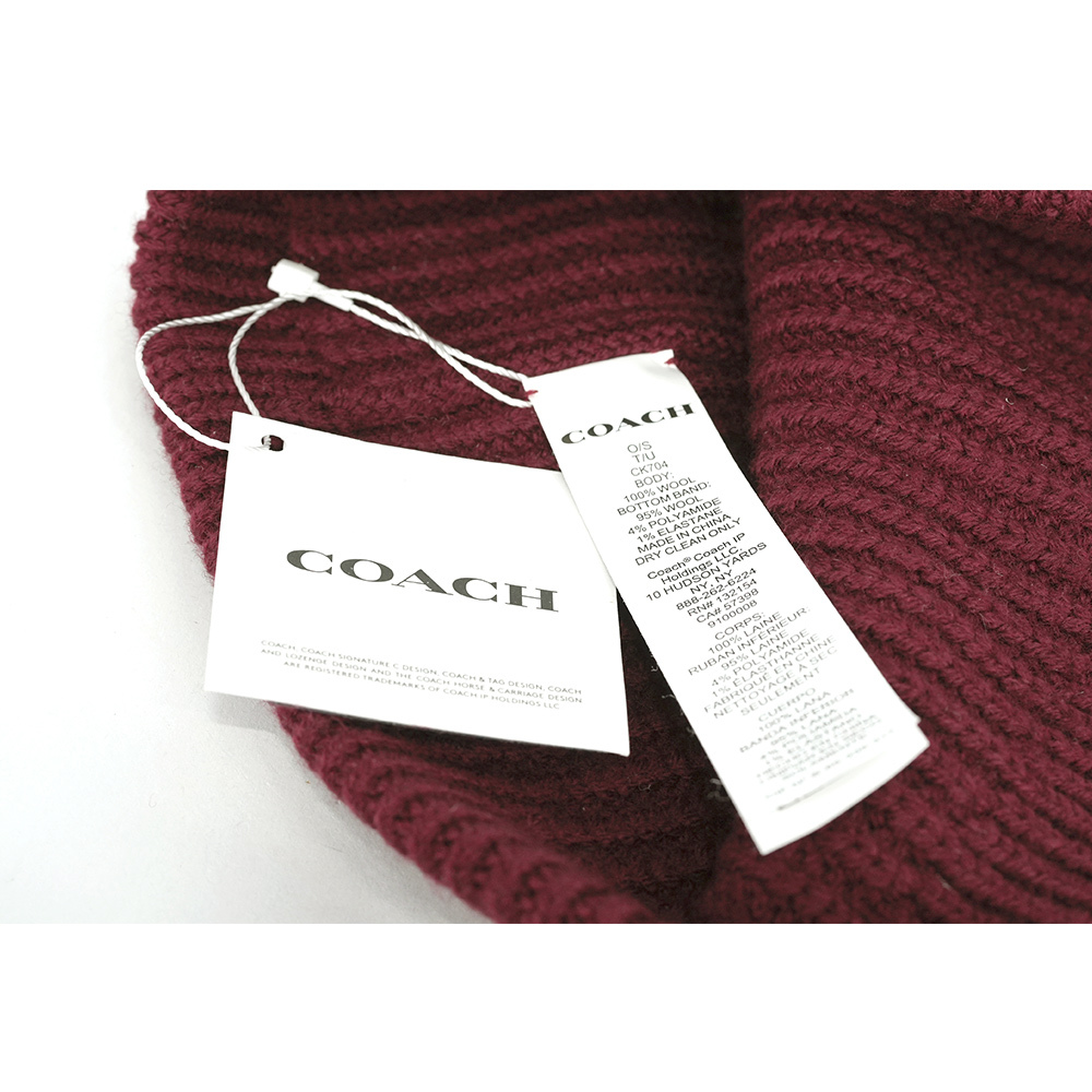 【COACH】方形經典馬車標牌針織羊毛毛帽(酒紅色)CK704 WIN