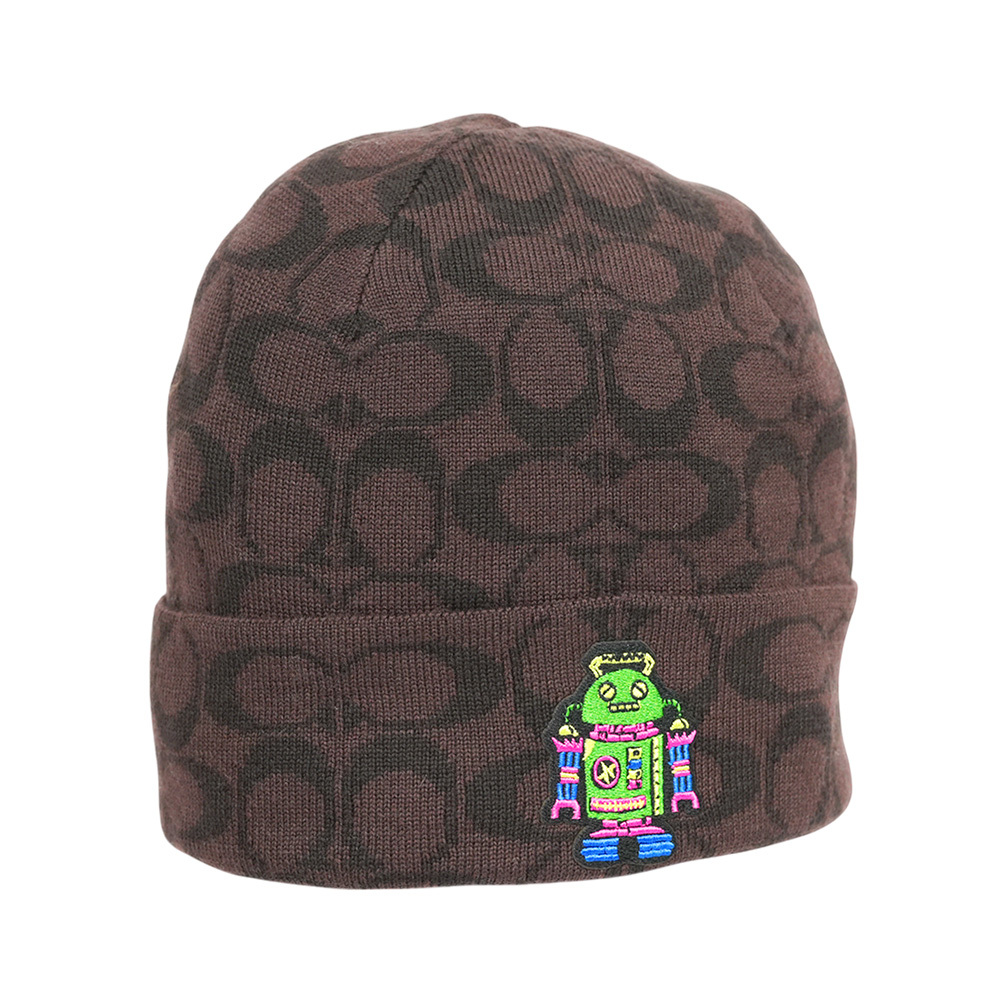 【COACH】滿版CC Logo 機器人刺繡羊毛毛帽(胡桃木棕)