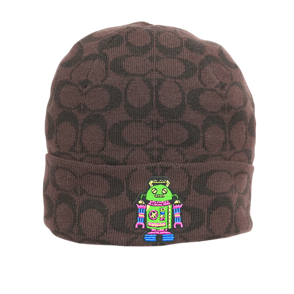 【COACH】滿版CC Logo 機器人刺繡羊毛毛帽(胡桃木棕)CX132 WAN