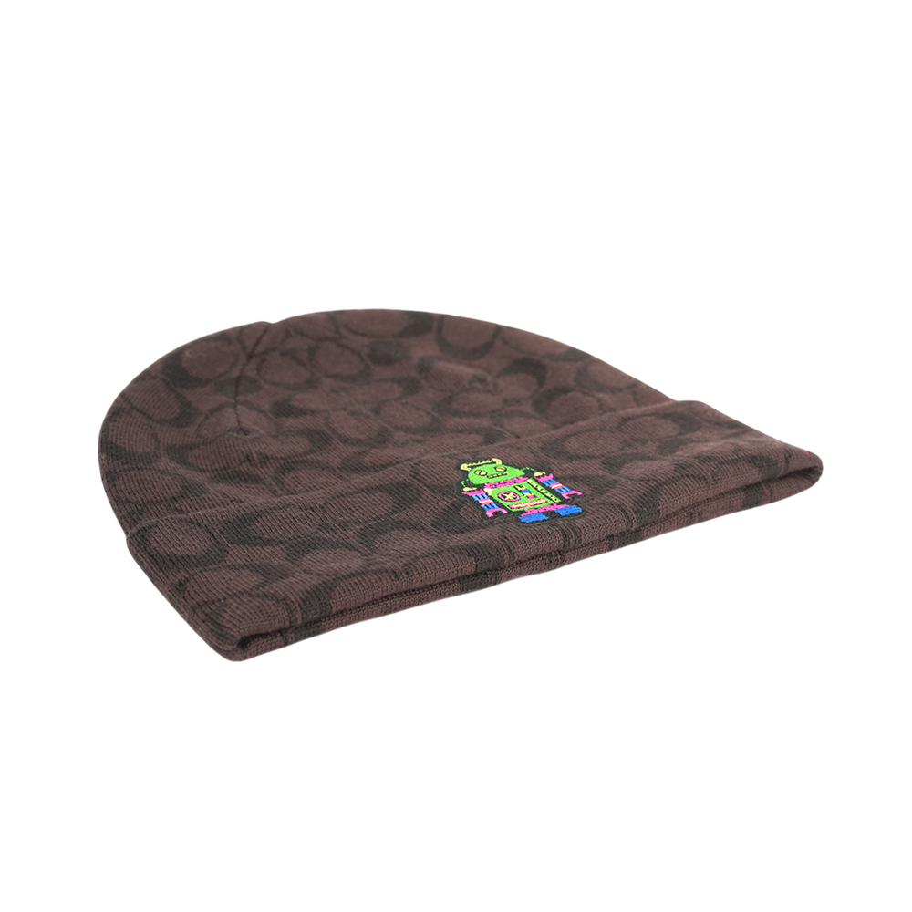 【COACH】滿版CC Logo 機器人刺繡羊毛毛帽(胡桃木棕)CX132 WAN