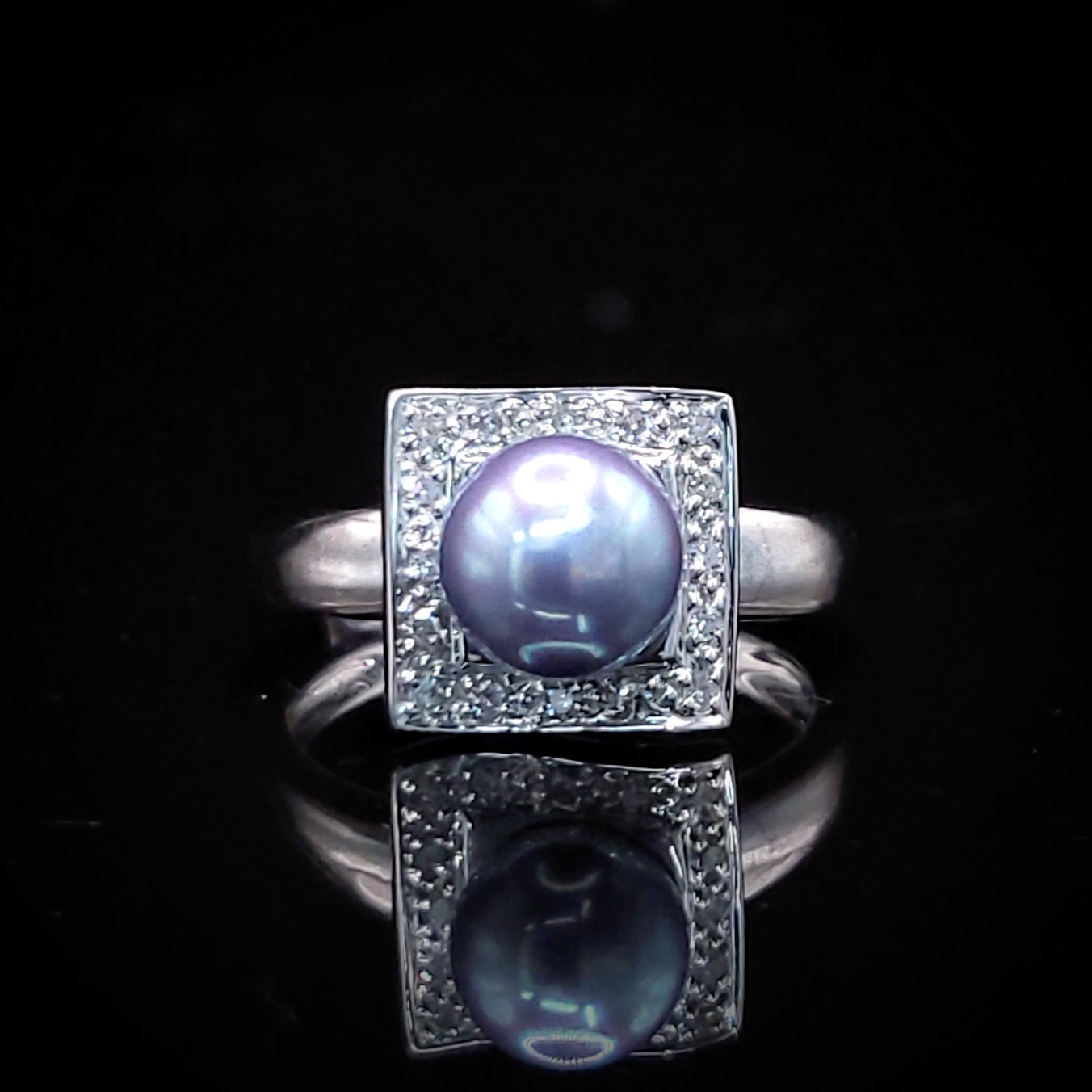 全新14K白金5份鑽石珍珠戒指