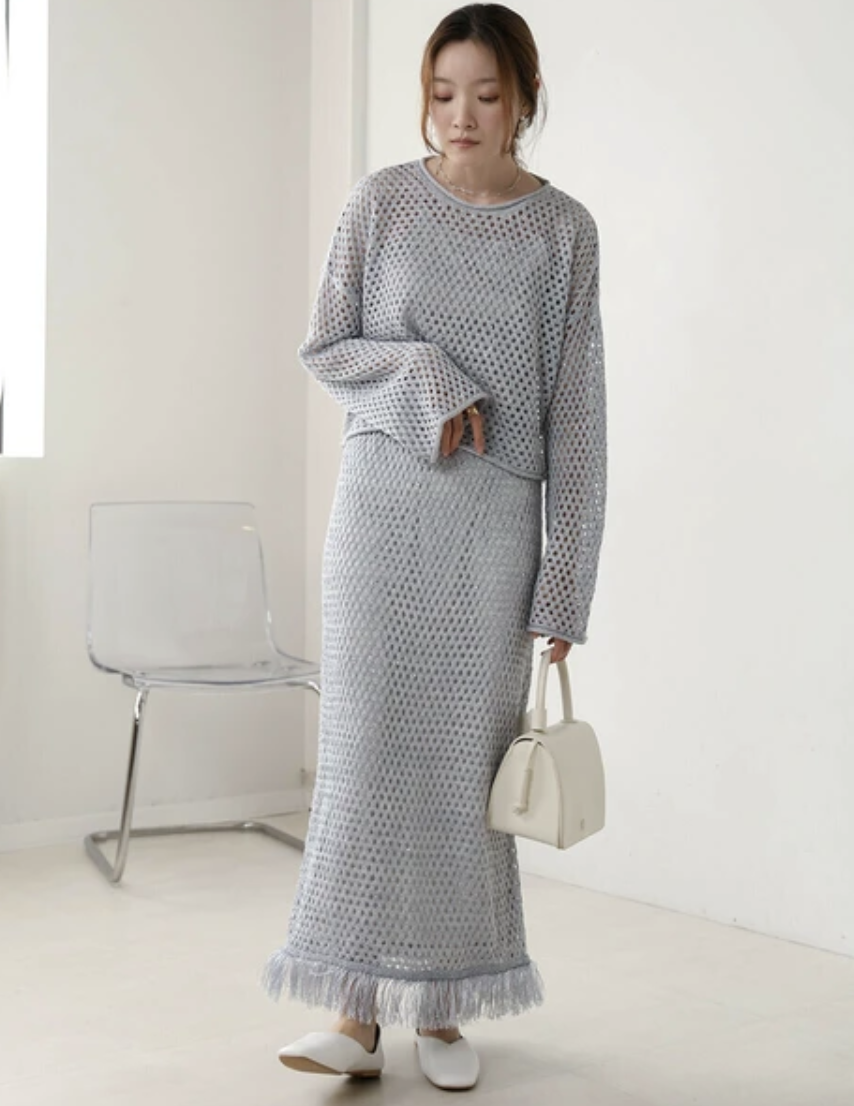 穿洞亮片網布流蘇裙