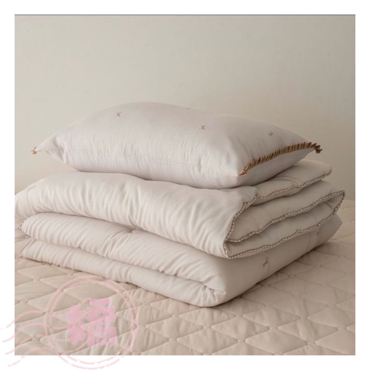 K03003蝴蝶結條紋四季薄被(大'小'枕套)(米'灰)