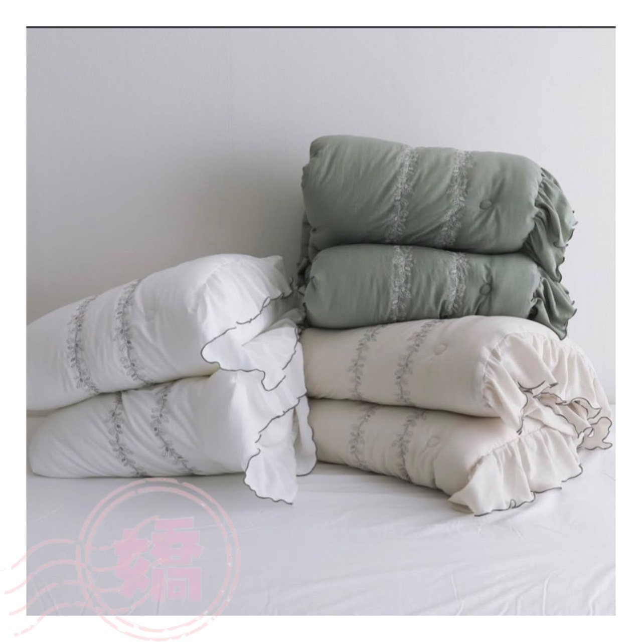 K03004刺繡葉荷葉邊四季被(大'小'枕套)(白'米'綠)