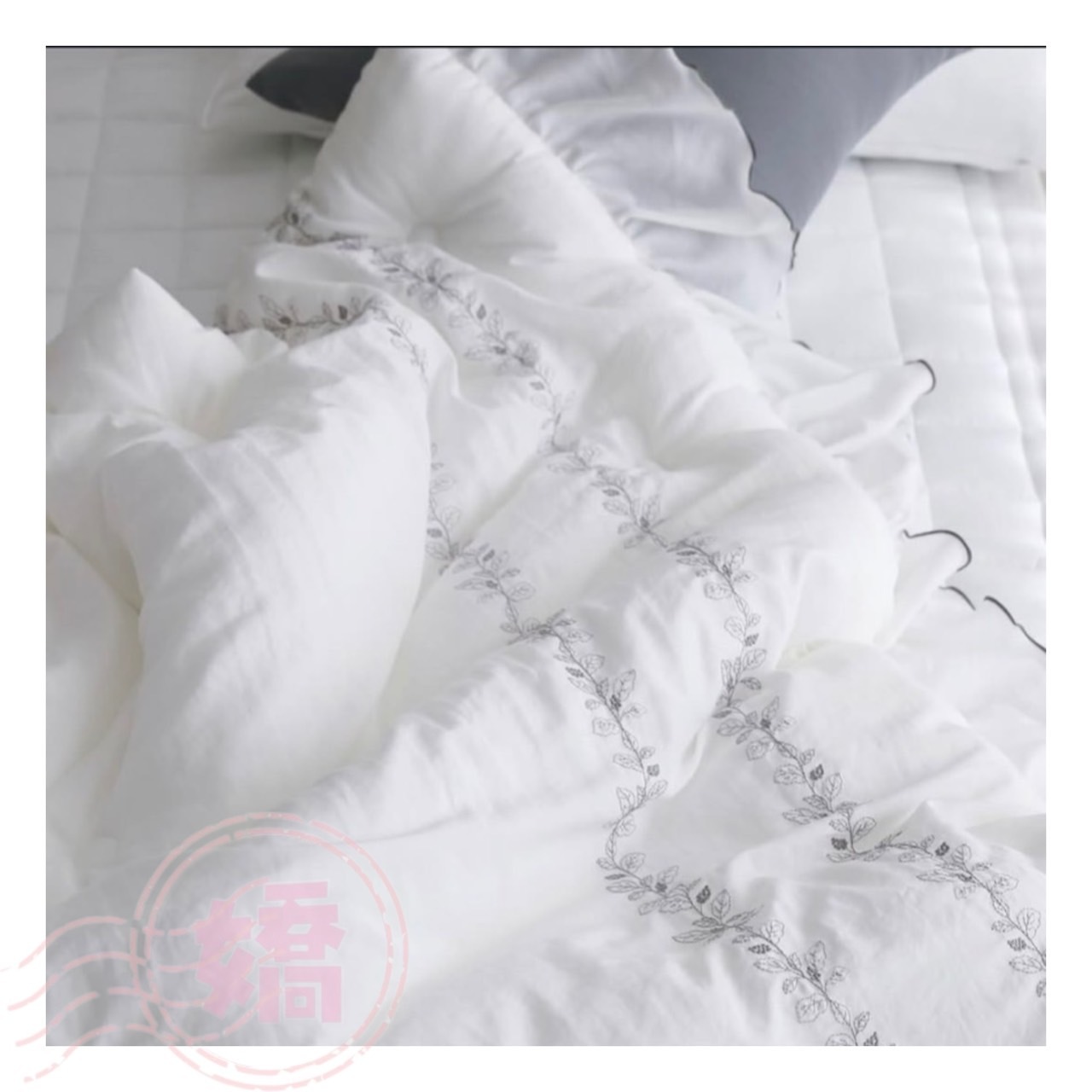 K03004刺繡葉荷葉邊四季被(大'小'枕套)(白'米'綠)