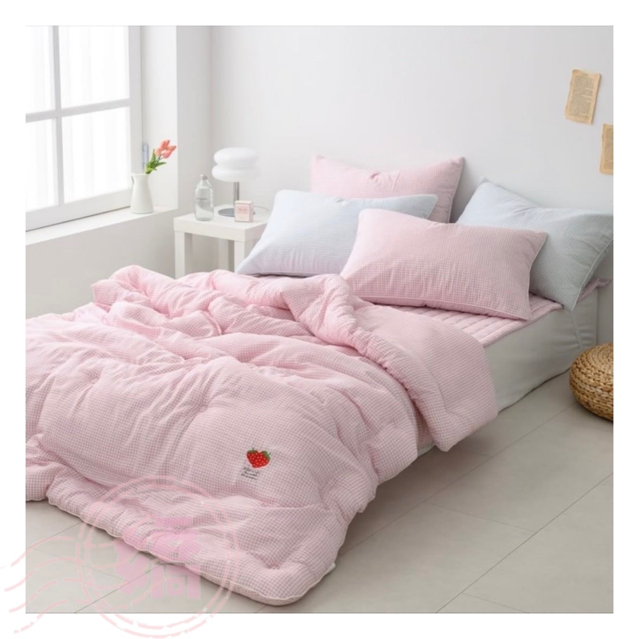 K03006格紋刺繡四季被(枕套)(粉'藍)