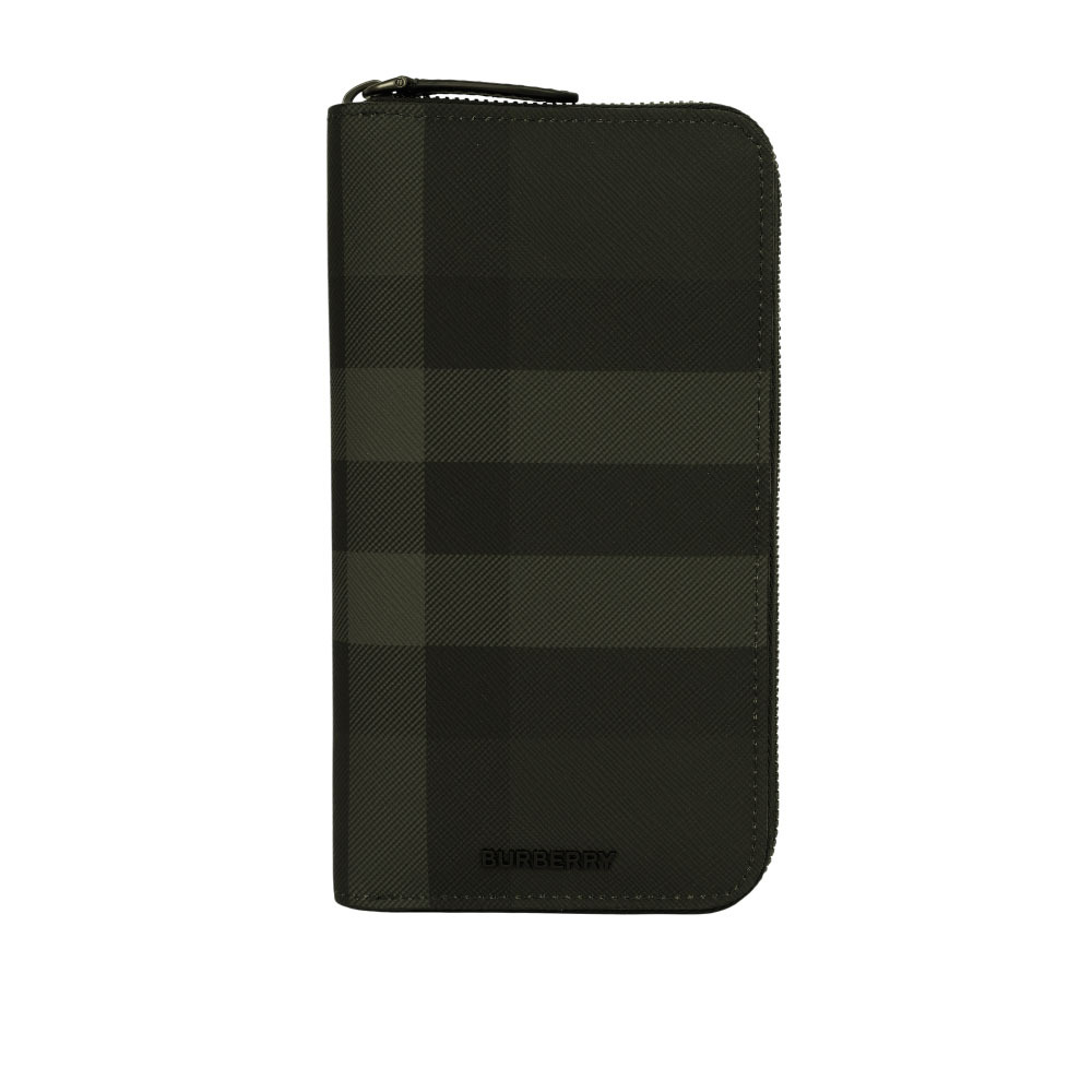 【BURBERRY】格紋塗層帆布及牛皮拉鍊型長夾