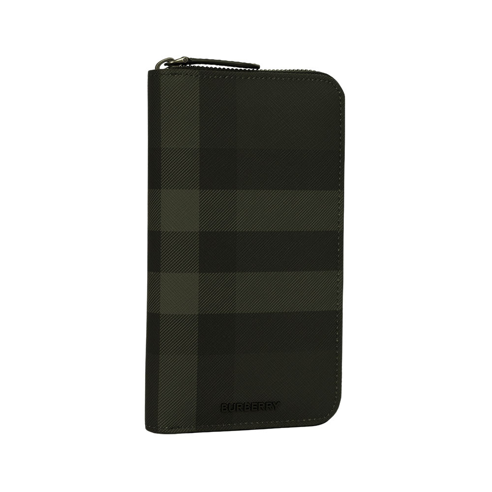 【BURBERRY】格紋塗層帆布及牛皮拉鍊型長夾