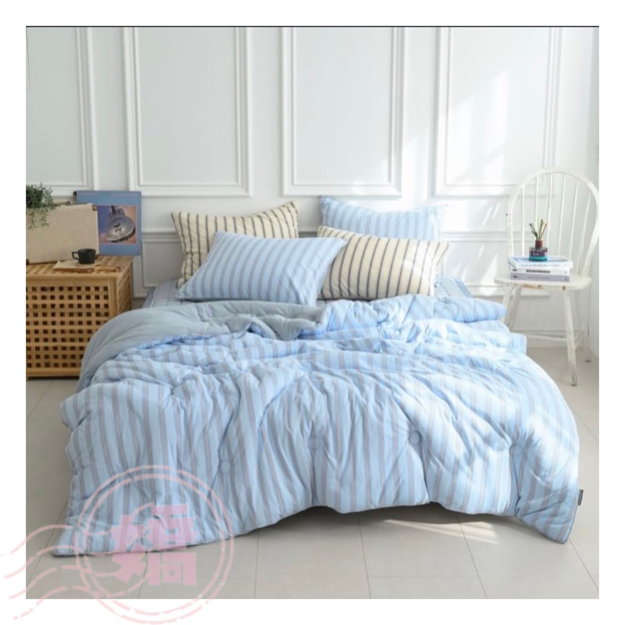 K03008拼色直條四季被(枕套)(米'藍)