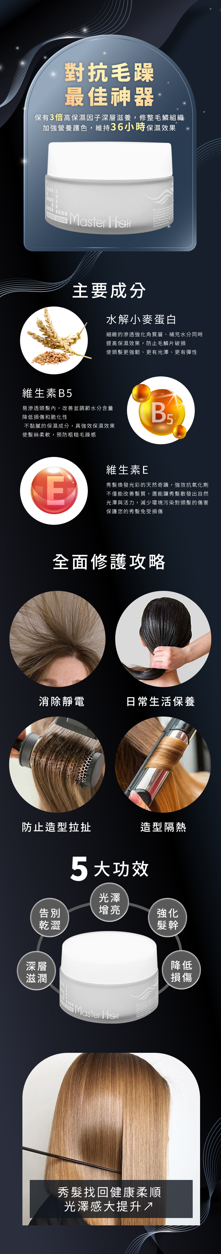 靜電,毛躁,免沖洗護髮,保濕,乾燥,打結,乾濕兩用,增亮,光澤