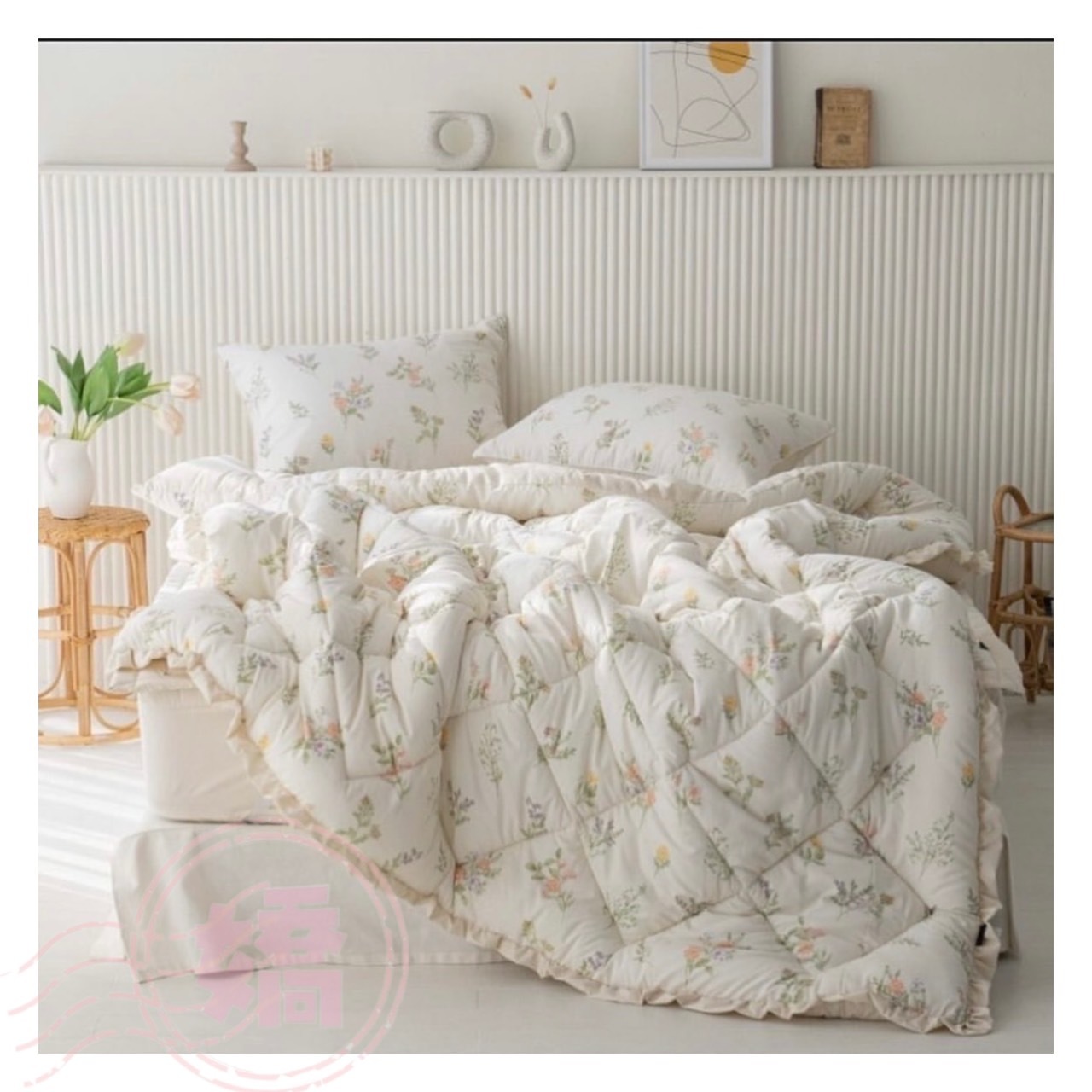 K03011花花撞色荷葉邊四季被(大'小'枕套)(米'藍)