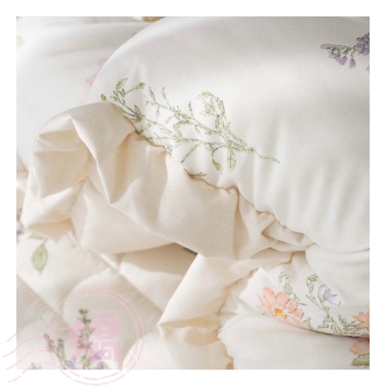 K03011花花撞色荷葉邊四季被(大'小'枕套)(米'藍)