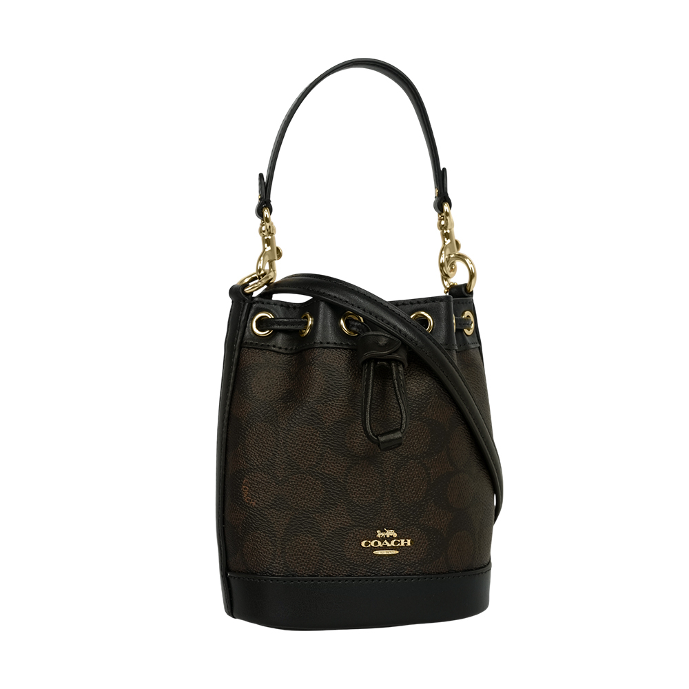 【COACH】金色馬車標誌塗層帆布及皮革迷你水桶包(胡桃木棕/黑色)CW299 IMXAQ