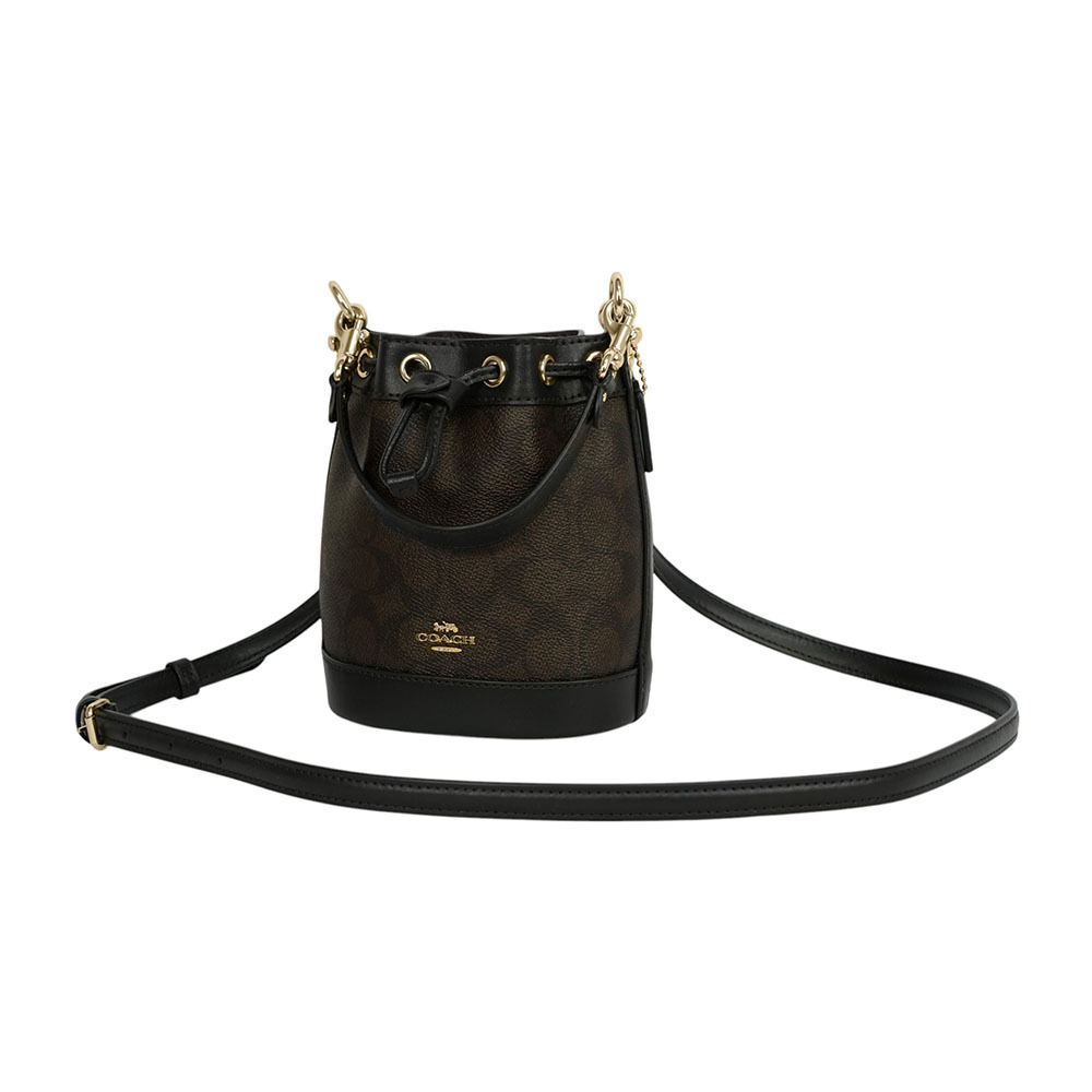 【COACH】金色馬車標誌塗層帆布及皮革迷你水桶包(胡桃木棕/黑色)CW299 IMXAQ