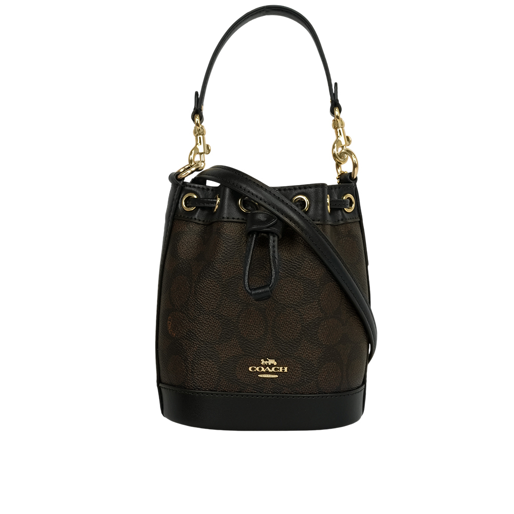 【COACH】金色馬車標誌塗層帆布及皮革迷你水桶包(胡桃木棕/黑色)CW299 IMXAQ