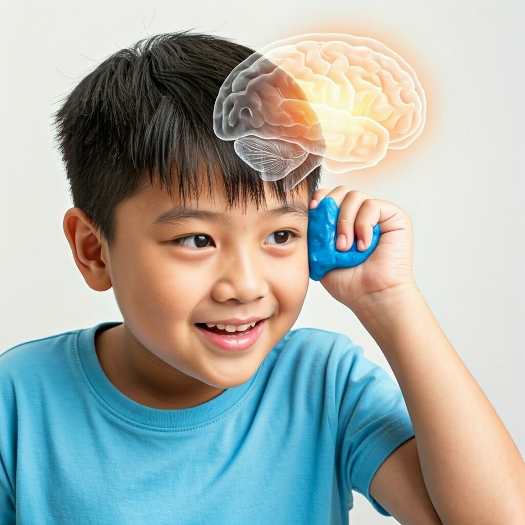 A Hong Kong child (around 8-10 years old) with a curious and delighted expression is holding a piece of colorful slime