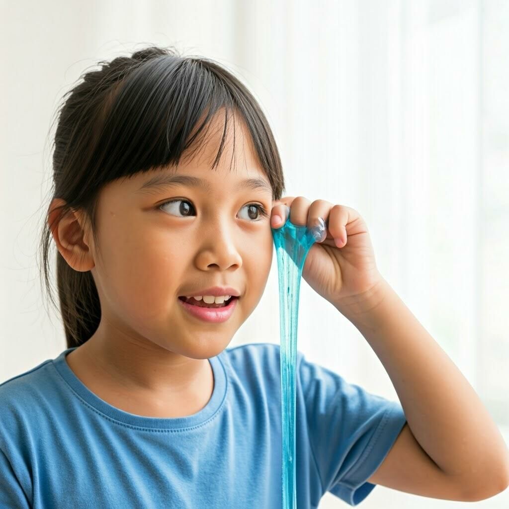 A Hong Kong child (around 8-10 years old) with a curious and delighted expression is holding a piece of colorful slime