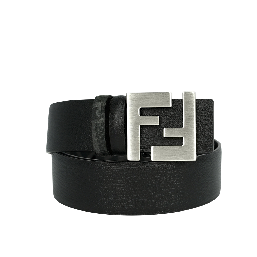 【FENDI】FF Squared 銀釦帆布及牛皮雙面可用皮帶