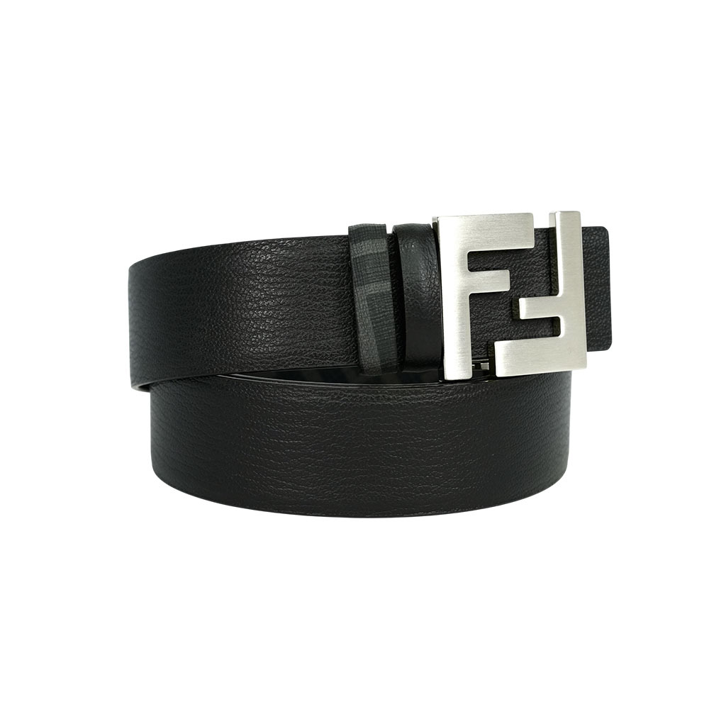 【FENDI】FF Squared 銀釦帆布及牛皮 100cm 雙面可用皮帶(黑色/黑灰色)7C0531 ATFF F0GWB
