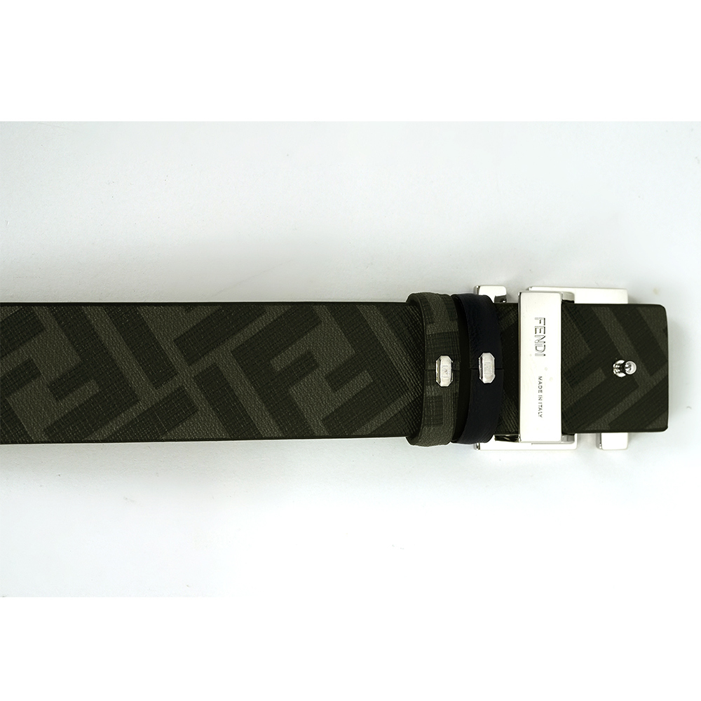【FENDI】FF Squared 銀釦帆布及牛皮 100cm 雙面可用皮帶(黑色/黑灰色)7C0531 ATFF F0GWB