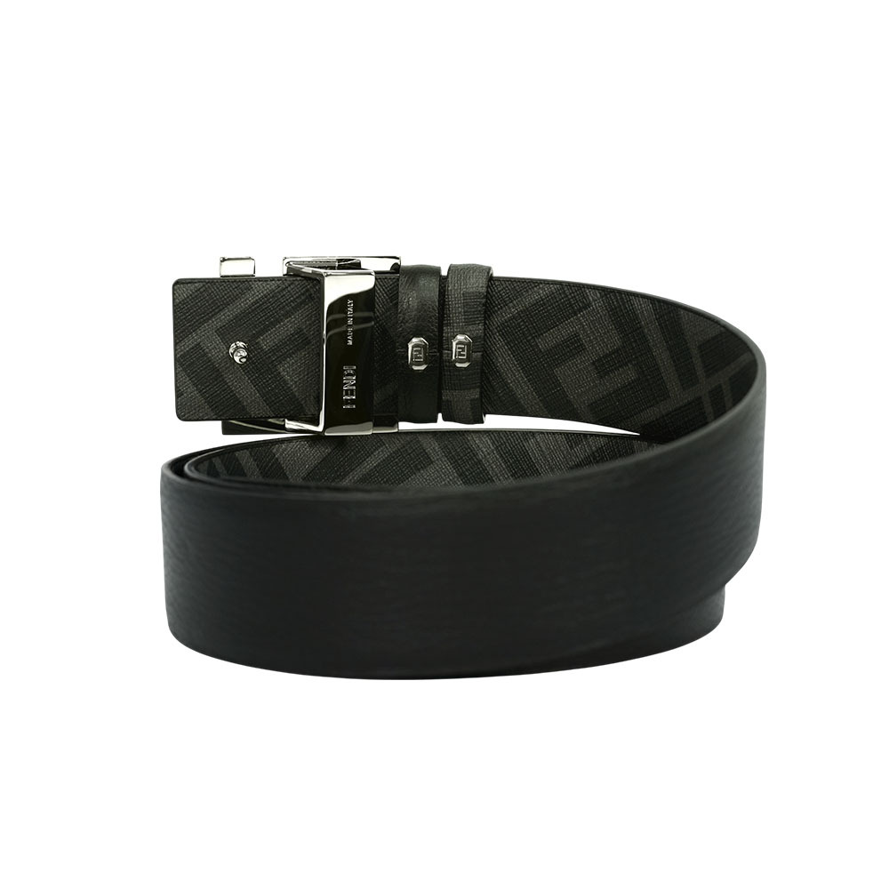 【FENDI】FF Squared 銀釦帆布及牛皮 100cm 雙面可用皮帶(黑色/黑灰色)7C0531 ATFF F0GWB