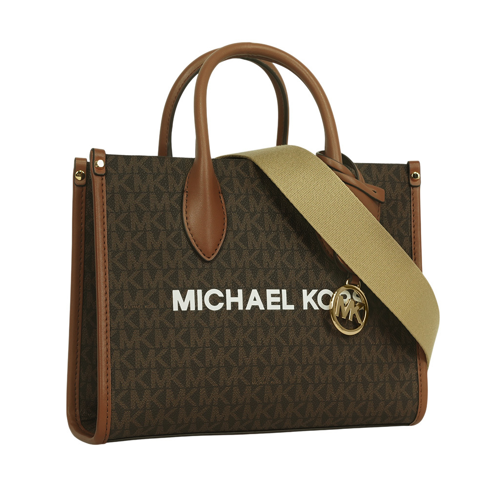 【Michael Kors】Mirella 滿版塗層帆布尼龍寬背帶小款二用托特包(棕色)35S4G7ZC5B BROWN