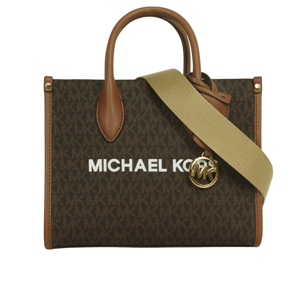 【Michael Kors】Mirella 滿版塗層帆布尼龍寬背帶小款二用托特包(棕色)35S4G7ZC5B BROWN
