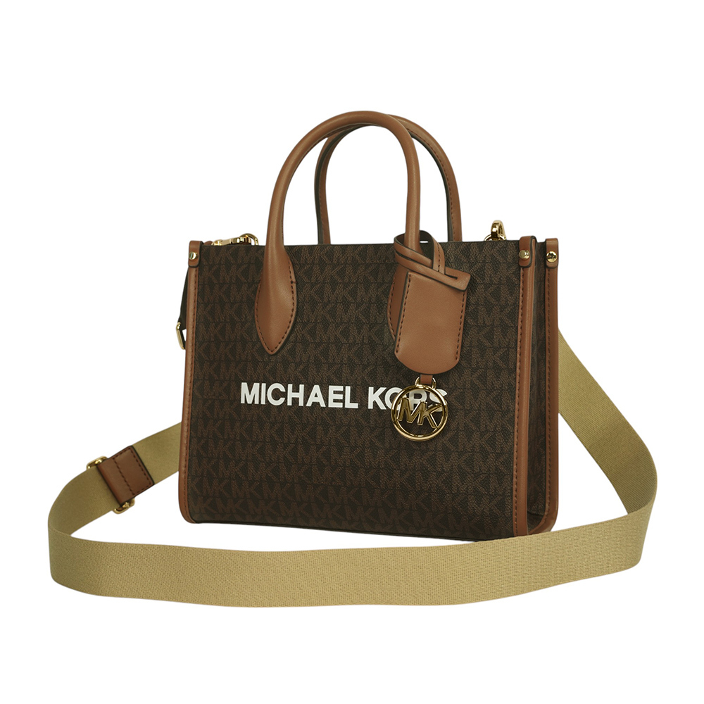 【Michael Kors】Mirella 滿版塗層帆布尼龍寬背帶小款二用托特包(棕色)35S4G7ZC5B BROWN