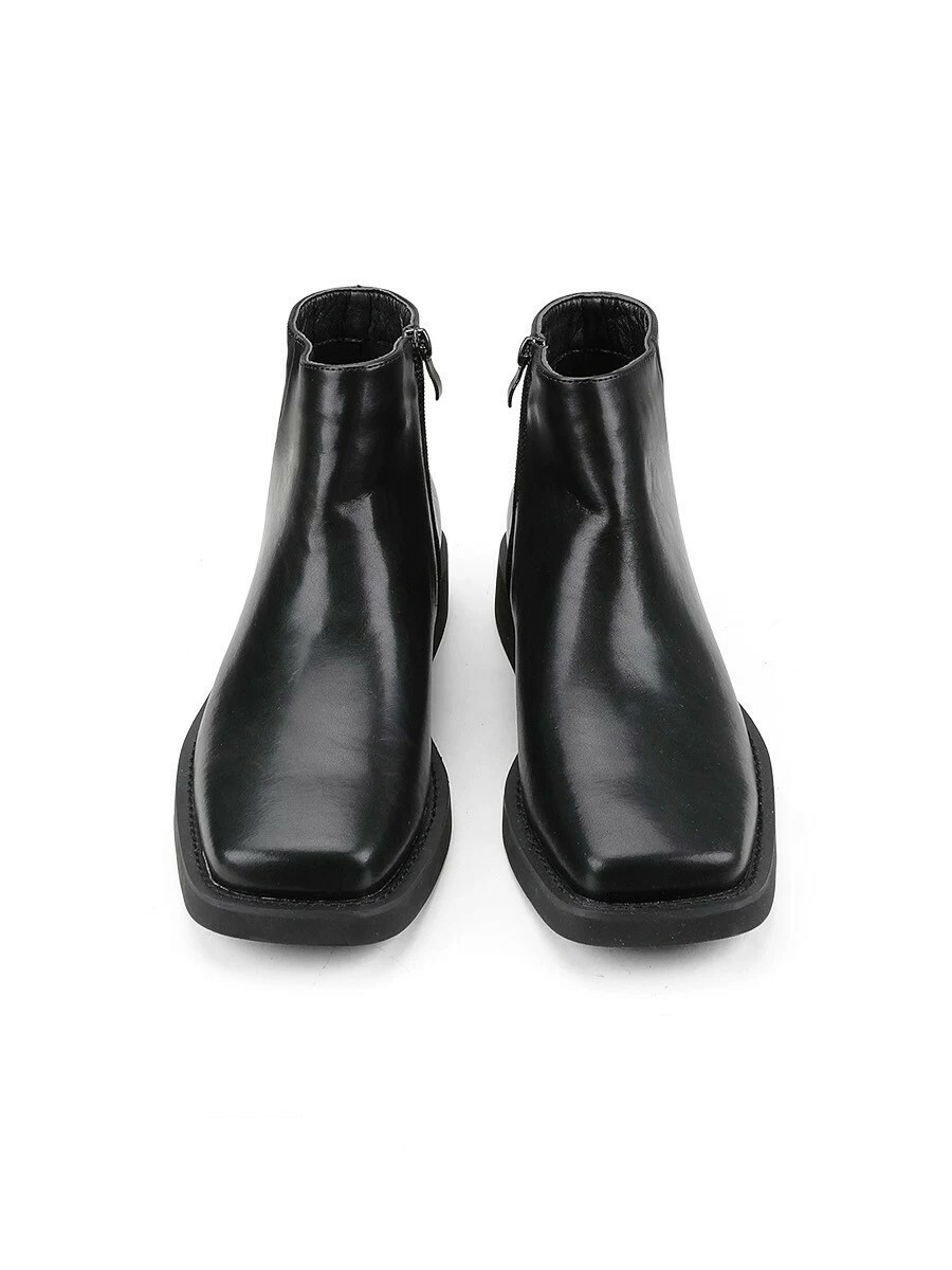 HANQIA 簡約 方頭 拉鍊設計 短皮靴 #鞋子