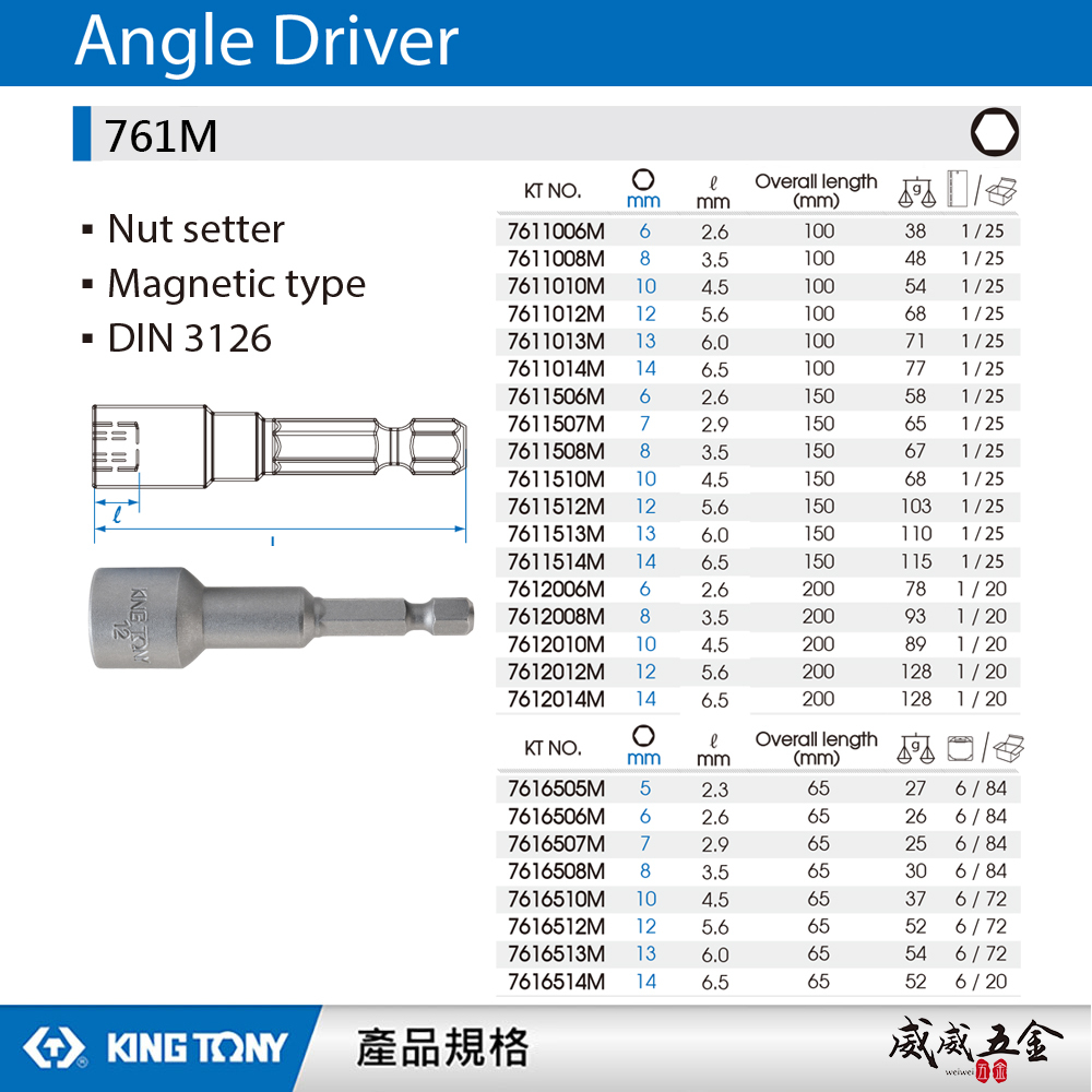 KING TONY 金統立 台灣製｜6-14mm｜長 200mm 六角柄磁性六角套筒 六角軸套筒 附磁鐵套筒 761M