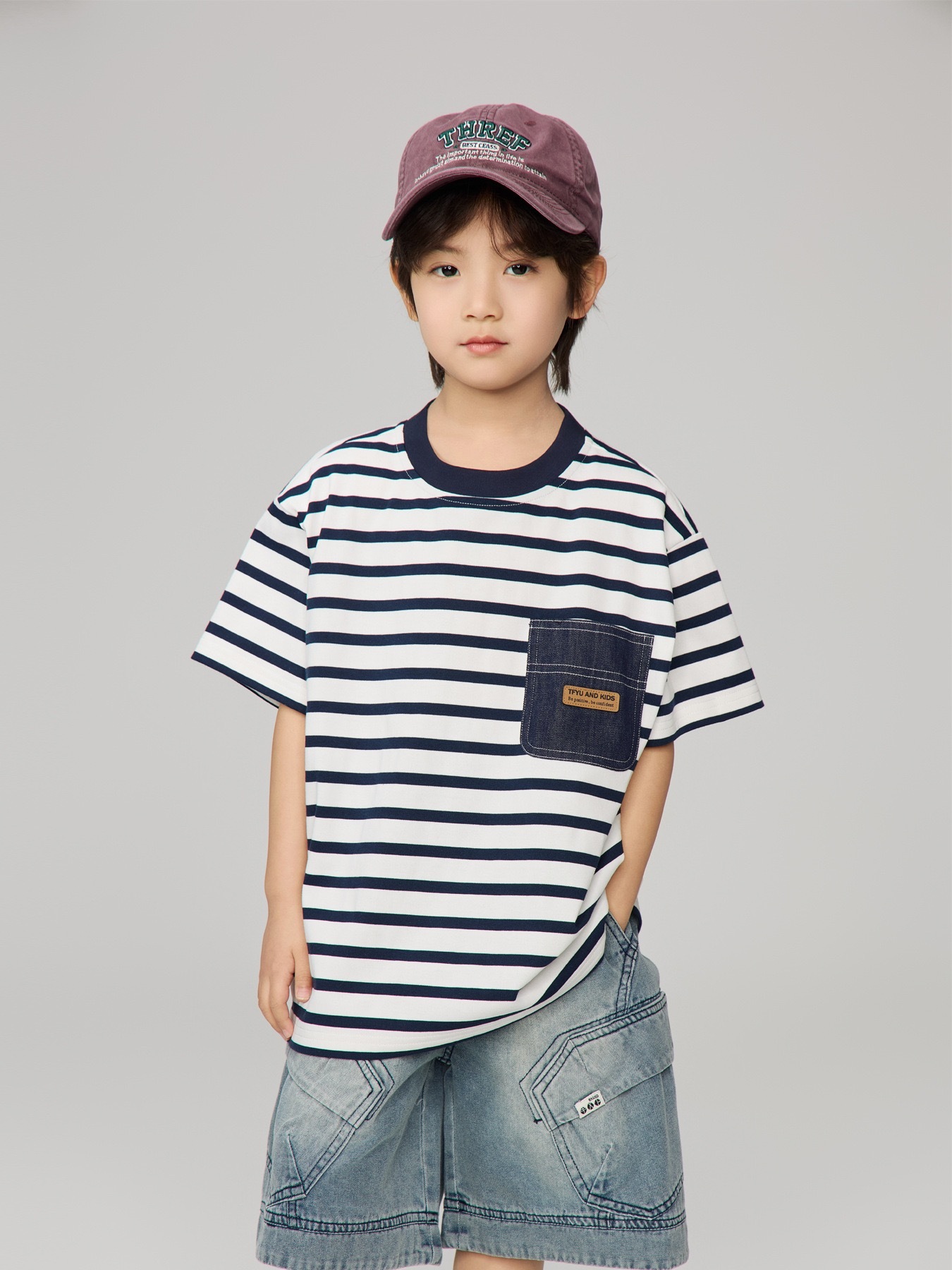 牛仔拼布口袋條紋上衣