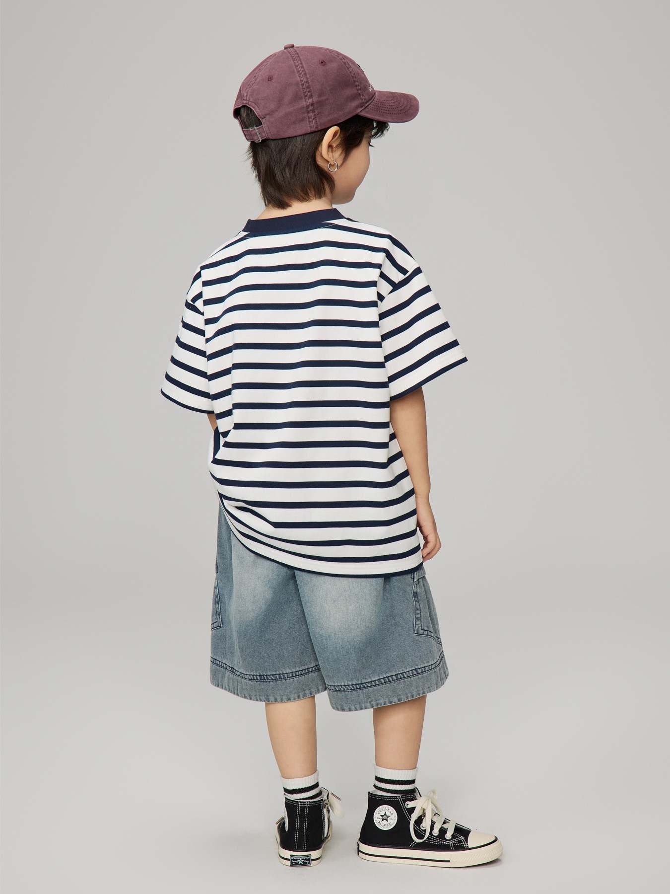 牛仔拼布口袋條紋上衣