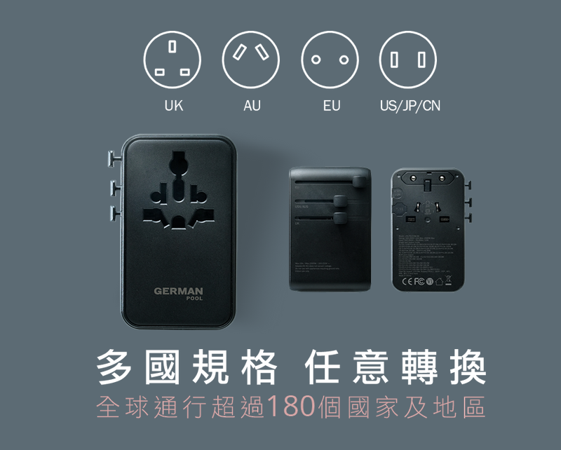 插頭, USB, 配備3xUSB-C、1xUSB-A接口，連同AC插頭可為5個設備同時充電