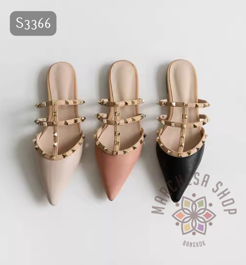 S3366 - 羊皮純色王字帶鉚釘尖頭平底涼拖