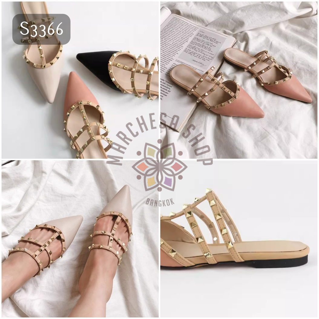 S3366 - 羊皮純色王字帶鉚釘尖頭平底涼拖