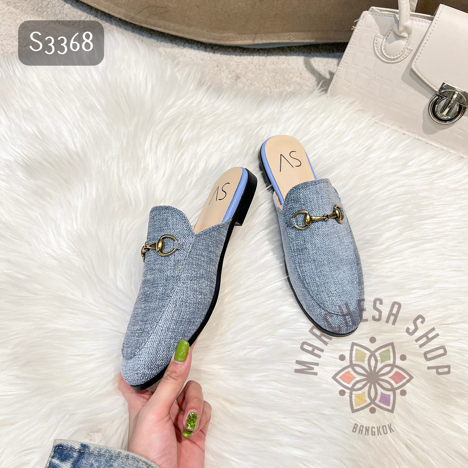 S3368 - 牛皮純色牛仔布鏈扣平底涼拖