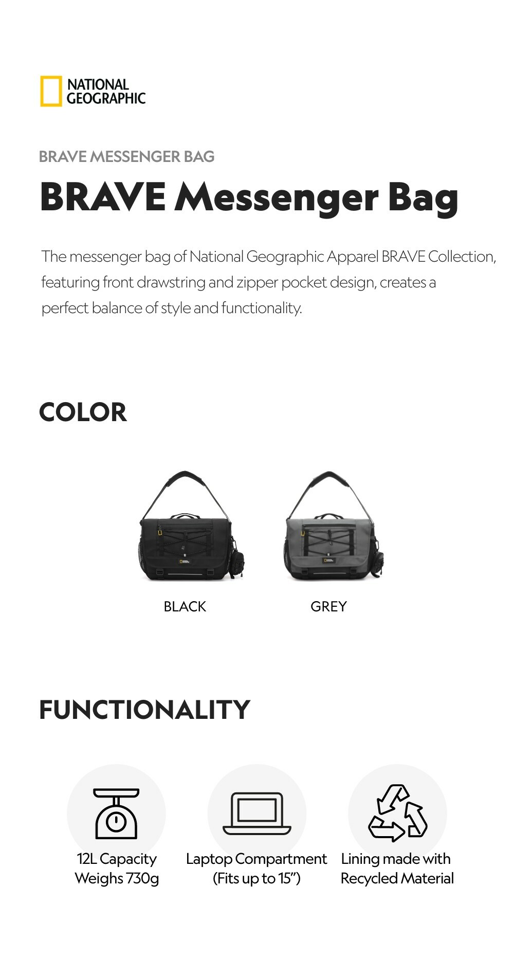 ◆NATIONAL GEOGRAPHIC◆ N255ACR020 Brave Messenger Bag BLACK BRAVE Messenger Bag - GREY